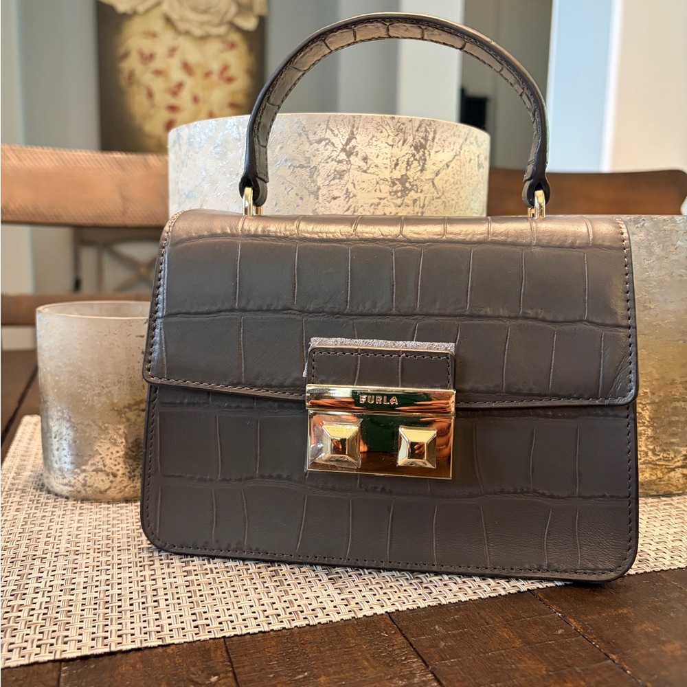 Furla Croc-Embossed Gray Leather Top-Handle Satchel with Gold Hardware